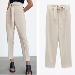 Zara High Waist Trousers Cream Beige Pants Belt S Career Bussiness Chic Sleek